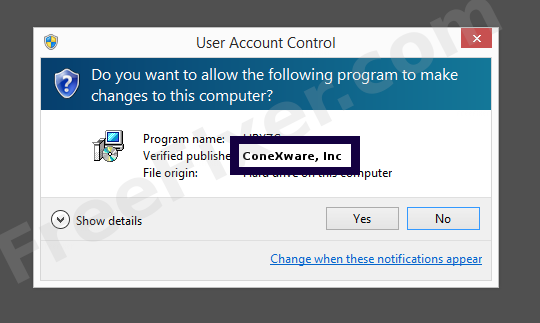 Screenshot where ConeXware, Inc appears as the verified publisher in the UAC dialog